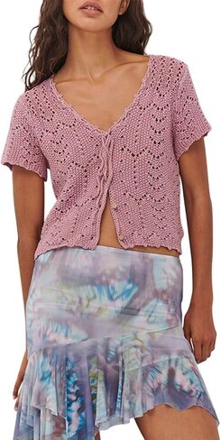 Women Y2K Crochet Button Down Shirt Hollow Out Knit Short Sleeve Crop Top Summer Tie Front Shrug Cardigan Blouse in Saudi Arabia