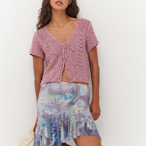Women Y2K Crochet Button Down Shirt Hollow Out Knit Short Sleeve Crop Top Summer Tie Front Shrug Cardigan Blouse in Saudi Arabia