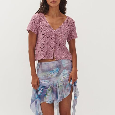 Women Y2K Crochet Button Down Shirt Hollow Out Knit Short Sleeve Crop Top Summer Tie Front Shrug Cardigan Blouse in Saudi Arabia