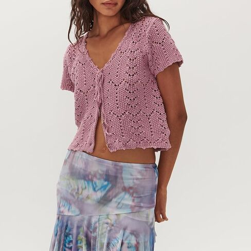 Women Y2K Crochet Button Down Shirt Hollow Out Knit Short Sleeve Crop Top Summer Tie Front Shrug Cardigan Blouse in Saudi Arabia