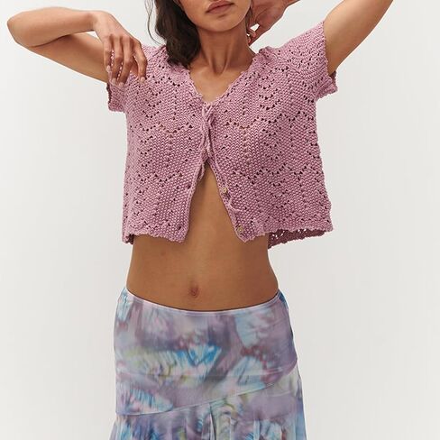 Women Y2K Crochet Button Down Shirt Hollow Out Knit Short Sleeve Crop Top Summer Tie Front Shrug Cardigan Blouse in Saudi Arabia