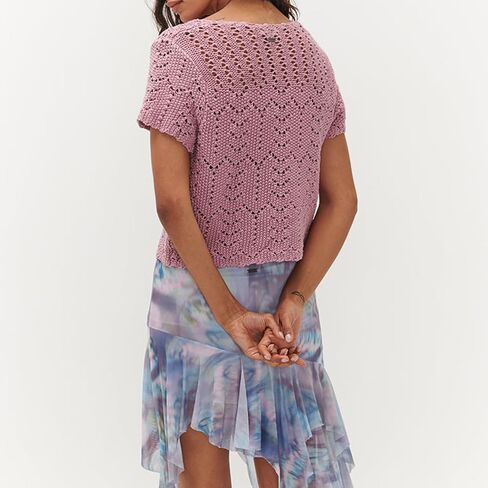 Women Y2K Crochet Button Down Shirt Hollow Out Knit Short Sleeve Crop Top Summer Tie Front Shrug Cardigan Blouse in Saudi Arabia