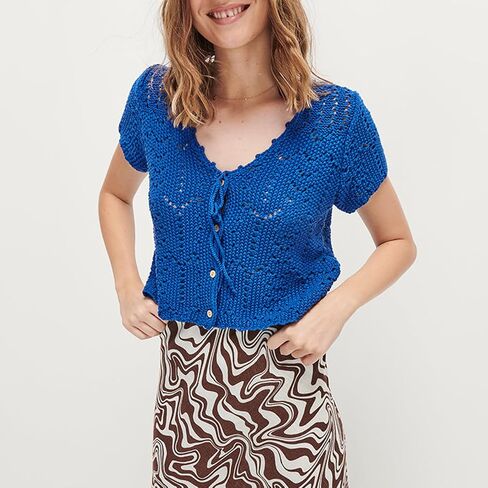 Women Y2K Crochet Button Down Shirt Hollow Out Knit Short Sleeve Crop Top Summer Tie Front Shrug Cardigan Blouse in Kuwait