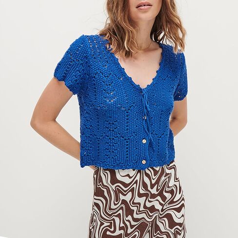 Women Y2K Crochet Button Down Shirt Hollow Out Knit Short Sleeve Crop Top Summer Tie Front Shrug Cardigan Blouse in Kuwait