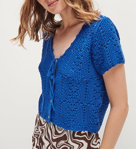 Women Y2K Crochet Button Down Shirt Hollow Out Knit Short Sleeve Crop Top Summer Tie Front Shrug Cardigan Blouse in Kuwait