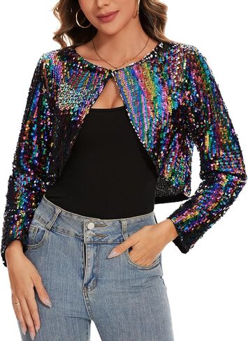 MINTLIMIT Women's Sequin Shrug Long Sleeve Open Front Cropped Bolero Cardigan Shiny Glitter Crop Blazer Jacket with Hook in Kuwait