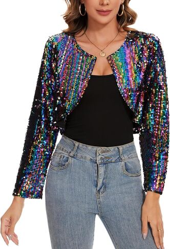 MINTLIMIT Women's Sequin Shrug Long Sleeve Open Front Cropped Bolero Cardigan Shiny Glitter Crop Blazer Jacket with Hook in Kuwait