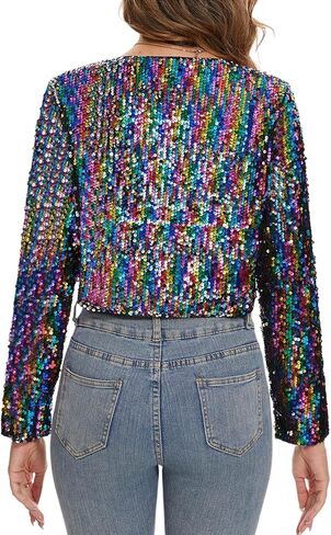 MINTLIMIT Women's Sequin Shrug Long Sleeve Open Front Cropped Bolero Cardigan Shiny Glitter Crop Blazer Jacket with Hook in Kuwait