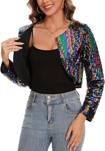 MINTLIMIT Women's Sequin Shrug Long Sleeve Open Front Cropped Bolero Cardigan Shiny Glitter Crop Blazer Jacket with Hook in Kuwait