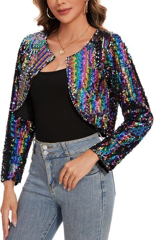 MINTLIMIT Women's Sequin Shrug Long Sleeve Open Front Cropped Bolero Cardigan Shiny Glitter Crop Blazer Jacket with Hook in Kuwait