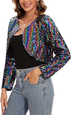 MINTLIMIT Women's Sequin Shrug Long Sleeve Open Front Cropped Bolero Cardigan Shiny Glitter Crop Blazer Jacket with Hook in Kuwait