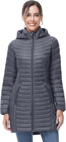 SLOW DOWN Women Ultra Light Down Jacket Packable Puffer Jacket Coat Hooded Mid Length Winter Outwear in Kuwait