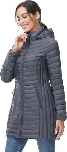 SLOW DOWN Women Ultra Light Down Jacket Packable Puffer Jacket Coat Hooded Mid Length Winter Outwear in Kuwait