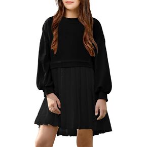 BesserBay Girls Fall Round Neck Long Sleeve Sweatshirt Dress Pullovers Solid Pleated Dress 5-14 Years