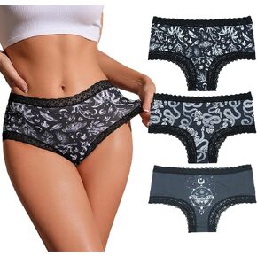 Women's 3 Pieces Skeleton Skull Lace Hipster Panties Set Low Rise Halloween Underwear Briefs