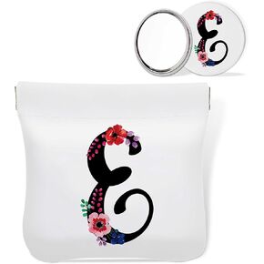 Personalized Initial Letter E-Mini Makeup Bag for Purse with Mirror, Waterproof Portable No Zipper Self-closing Cosmetic Bag for Women, Coin Purse Pouch, Birthday Gifts for Bride Mom Girls