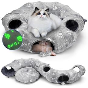 OUHOU Cat Tunnel Bed for Multiple Cats, Cat Tunnels for Indoor Cats, Cat Donut Tunnel with 3 Hanging Balls, 6 Peepholes and Central Mat, Self-Luminous Collapsible Peekaboo Cat Cave