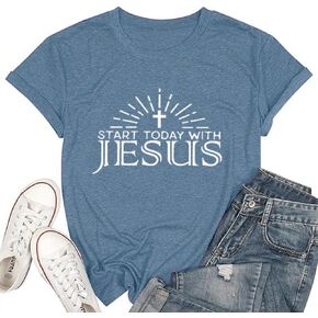 Women Jesus Cross Graphic T Shirts Classic Bible Verse Tees Christian Religious Quotes Short Sleeve Jesus Devotee Gift Tops