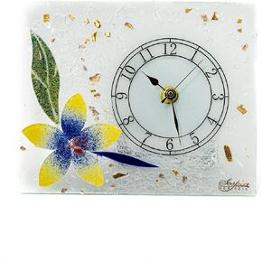 Sospiri Venezia Table Clock Murano Glass Silent Mechanism Floral Decor with Gold Leaf and Colored Glass Grits Gift Handmade Made in Italy (Aster cm 30x10)