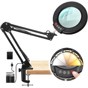 10X Magnifying Glass with Light and Clamp, Real Glass Lens Lighted Magnifier with Stand, 5 Color Modes LED Dimmable Magnifying Desk Lamp Hands Free for Crafts Jewelry Painting Sewing Close Work