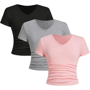SOLY HUX Girl's 3 Piece Summer Ruched Short Sleeve V Neck Tee T Shirts Basic Fitted Tops Cute Clothes