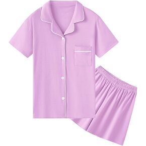 QZH.DUAO Girls Pajamas Set 100% Cotton PJ Set Button-Down Short Sleeve Sleepwear for Ages 5-14