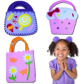 BeeBlosie Felt Handbag Sewing Kit for Girls and Boys Ages 5 6 7 8, Learn to Sew Flower and Candy Purse, 3 Easy Beginner Arts & Crafts DIY Projects Gifts for Kids