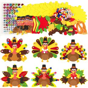 80UncleKimby 16Pcs Thanksgiving Crafts for Kids - Fall Turkey DIY Felt Art Kits Bulk Toys for Classroom Activities Party Games Ages 3-5, 4-8, 8-12