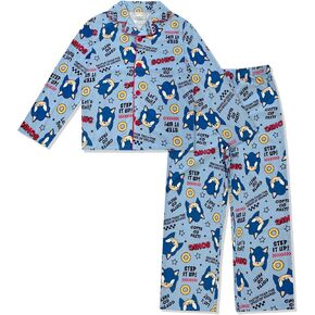 Sonic The Hedgehog Boy's Pajama Set - 2 Piece Boys Flannel Coat Style Matching PJs, Kids Button Down Family Christmas Pajamas