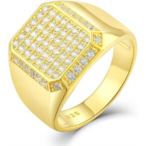 STARCHENIE Men's Lab Diamond Ring 925 Sterling Silver Rings for Men 18k Gold Plated Bling Cubic Zirconia Hip Hop Band Big Men Rings Size 8/9/10/11/12