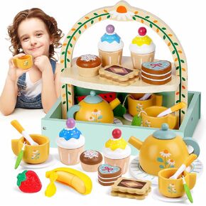 Wooden Tea Set for Toddlers Girls, Tea Party Set Food Pretend Play Kitchen Playset for 3 4 5 6 Years Little Girls, Jeowoqao Portable Princess Tea Party Toys Gifts with Cutting Fruit