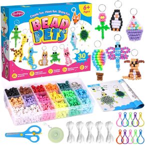 Funtopia Beads for Crafts, Pony Beads Keychain Making Kit, Bead Pets Art Crafts for Kids Beginners, Birthday Party DIY Craft for Girls Boys (1500 Beads, 30 Designs)