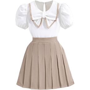 Girl's 2 Piece Sets Puff Sleeve Crewneck Bow Front Blouses with Pleated Short Skirt Summer Outfits