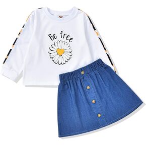 HIHA Toddler Girls Clothes Set Long Sleeve Cute Animal Cartoon Pattern Sweatshirts Tops Denim Mini Skirts Outfit Set