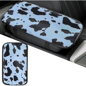 Dotesy Cow Pattern Car Center Console Cover,PVC Leather Car Armrest Cover Cushion Car Armrest Pad Car Interior Accessories for Most Vehicles Universal Fit (Blue Black)