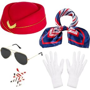 5PCS Women's Flight Attendant Costume Accessories, Stewardess Costume Accessories with Hat Scarf Sunglasses Gloves