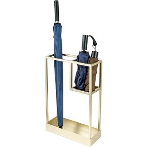 MyGift Modern Brass Tone Metal Entryway Umbrella Rack with Geometric Design, 13 x 5-inch Wide Rectangular Freestanding Cane Umbrella Holder with Shelf for Small Umbrellas and Bottom Drip Catch Tray