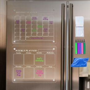 Set Acrylic Calendar Fridge Magnet, Weekly and Monthly. Set Includes 2 Pieces of Acrylic, 6 Marker Pens, 1 Pen Holder, 1 Wiper, Dry Erase