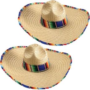 GiftExpress Mexican Sombrero 2 Pack Hat Adults with Serape Trim, 21" Wide Authentic Sombrero for Cinco de Mayo, Straw Sombrero with Serape Band, Adult Mexican Serape Costume