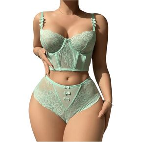 Women's 2 Piece Lace Bowknot Lingerie Sets Underwire Longline Bra Bustier and High Waisted Panty Set in Saudi Arabia