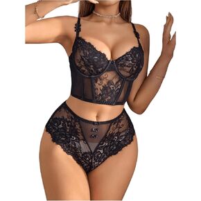 Women's 2 Piece Lace Bowknot Lingerie Sets Underwire Longline Bra Bustier and High Waisted Panty Set