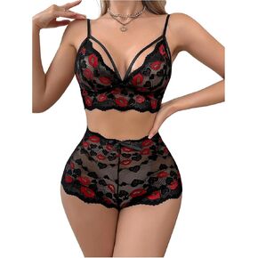 SOLY HUX Women's Lace Sheer Lingerie Set Heart Lip Print Bra and Panty Underwear Sets