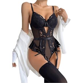 SOLY HUX Women's Sexy Lace Mesh Underwire Teddy Bodysuit Garter Lingerie Set with Stockings 4 Piece