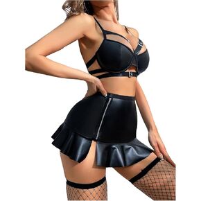 OYOANGLE Lingerie Set for Women 5 Piece PU Leather Lingerie Set Sexy Outfit Lingerie Set with Skirt and Stockings