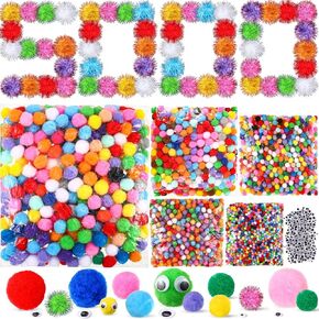 Poen 5000 Pcs Multicolor Pom Poms Balls for Craft Assorted Sizes Pompoms Bulk Fuzzy Colorful Craft Pom Poms and 250 Pcs Wiggle Eyes for Kids DIY Creative Crafts Making Decorations, 20 Random Colors