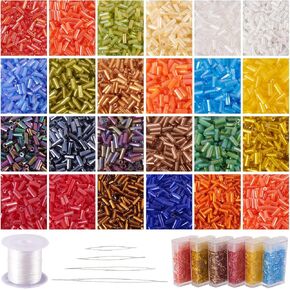 Craftdady 6400Pcs 24 Colors Glass Bugle Seed Beads 4.6-5mm Tube Spacer Loose Pony Beads with 4Pcs Big Eye Beading Needles, 2 Rolls Crystal Thread for Jewelry Making
