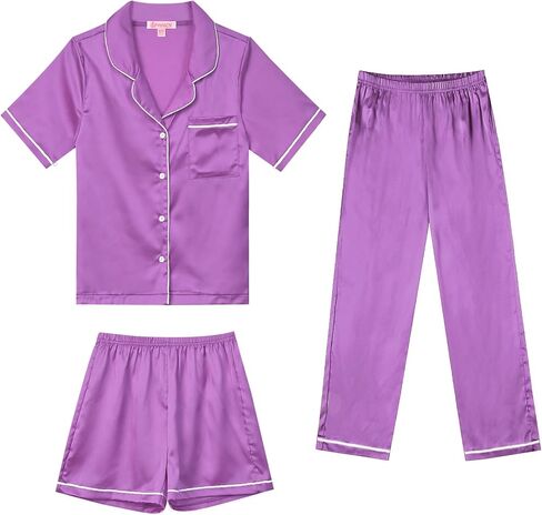 QPANCY Kids Satin Pajamas Sets Boys and Girls Silk Button Down 3 Pieces Pjs Silky Loungewear Clothes Set in Saudi Arabia