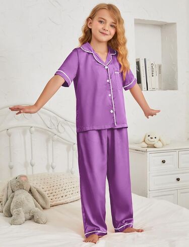 QPANCY Kids Satin Pajamas Sets Boys and Girls Silk Button Down 3 Pieces Pjs Silky Loungewear Clothes Set in Saudi Arabia