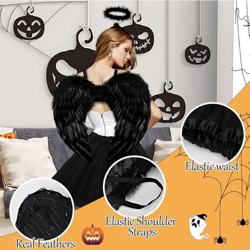 Angel Costume Wings for Adult Women, Feather Wings Tutu White Halo Headband Fairy Wand Halloween Cosplay Party in Kuwait