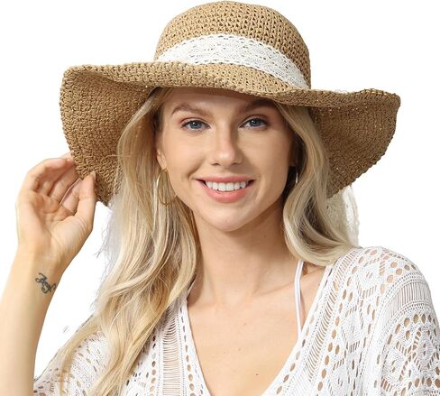 Straw Hat - 100% Straw, Wide Brim, UV UPF 50+ Protection Sun Hats for Women - Lightweight Sun Hat for Beach & Summer in Saudi Arabia